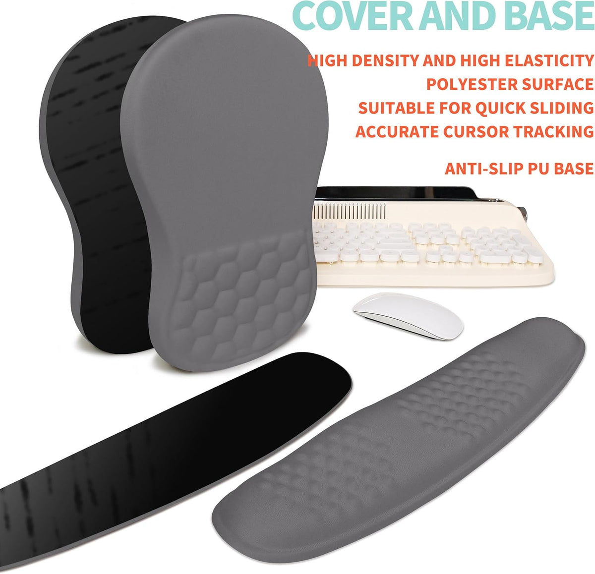 2-in-1 Ergonomic Set, Wave Rise Keyboard Wrist Rest and Massage Bulge Slope Mouse Pad Wrist Support, Cushion Memory Foam Integrated to Relieve Wrist Pain, Deep Gray