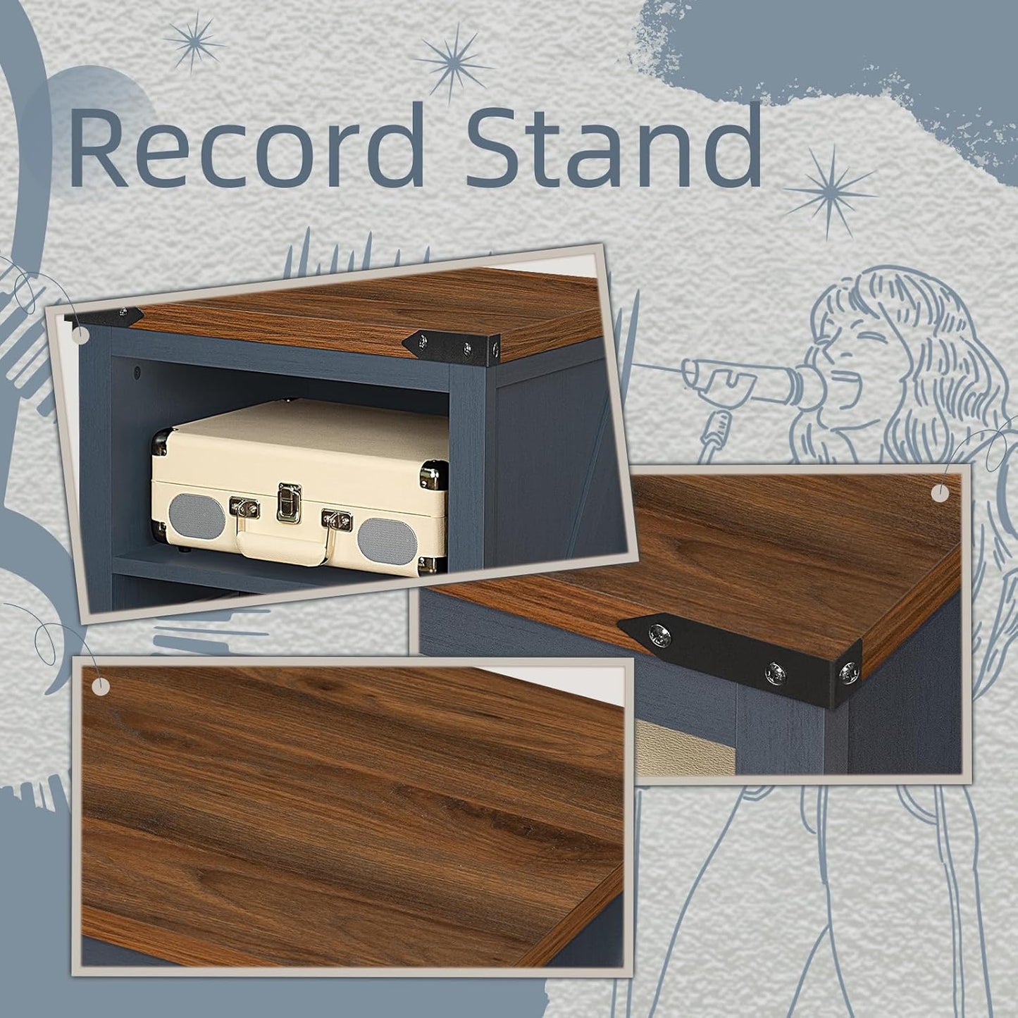 Record Player Stand with Vinyl Record Storage Holds up to 160 Albums,Large Wood Record Player Table Dispaly Shelf,Blue Turntable Stand Cabinet for Living Room,Bedroom,Office 9