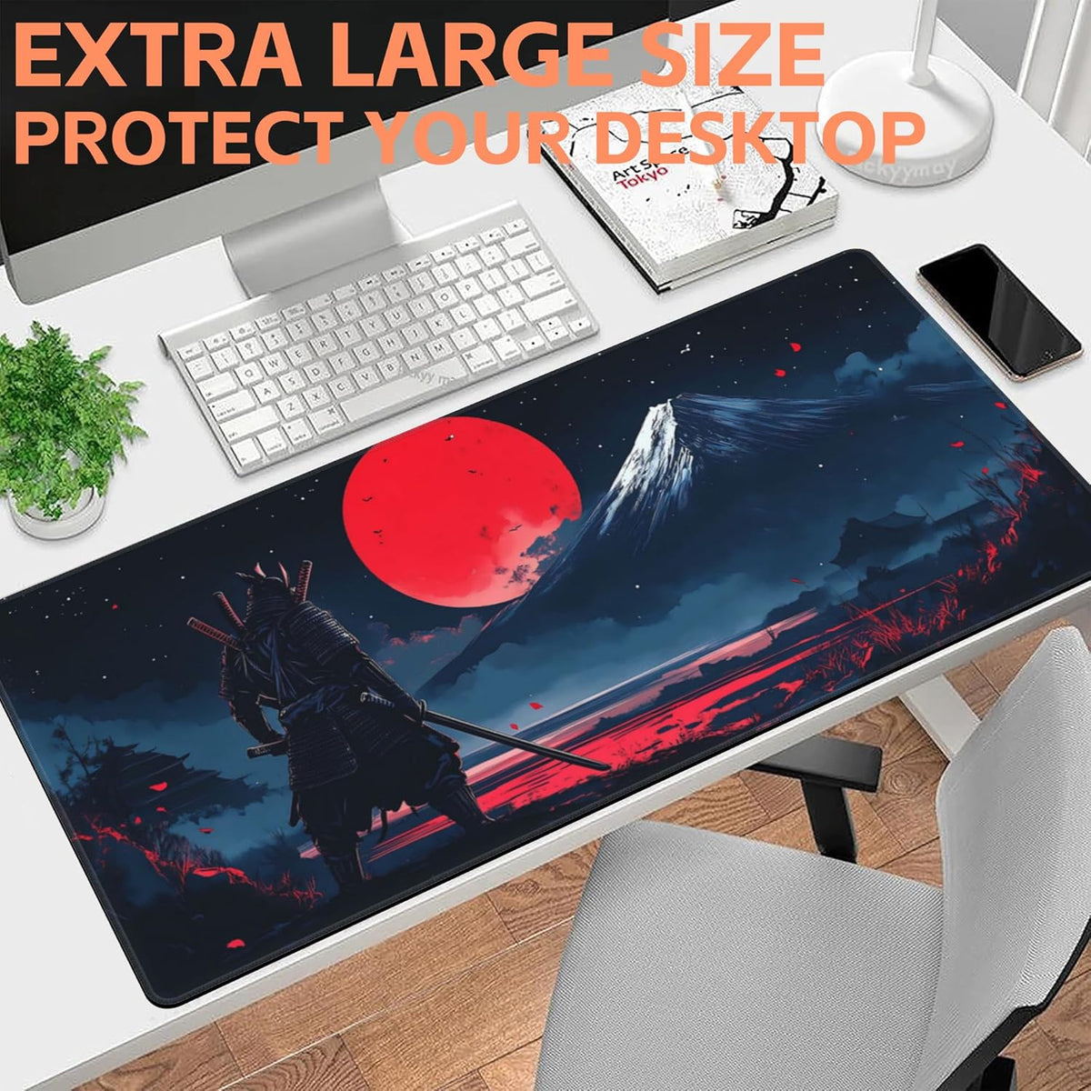 Mouse Pad Large Samurai and Red Moon Non-Slip Game Desk Mat with Stitched Edge Laptop Keyboard Desk Pad for Work Home Gaming (35.4 x 15.7 Inches)