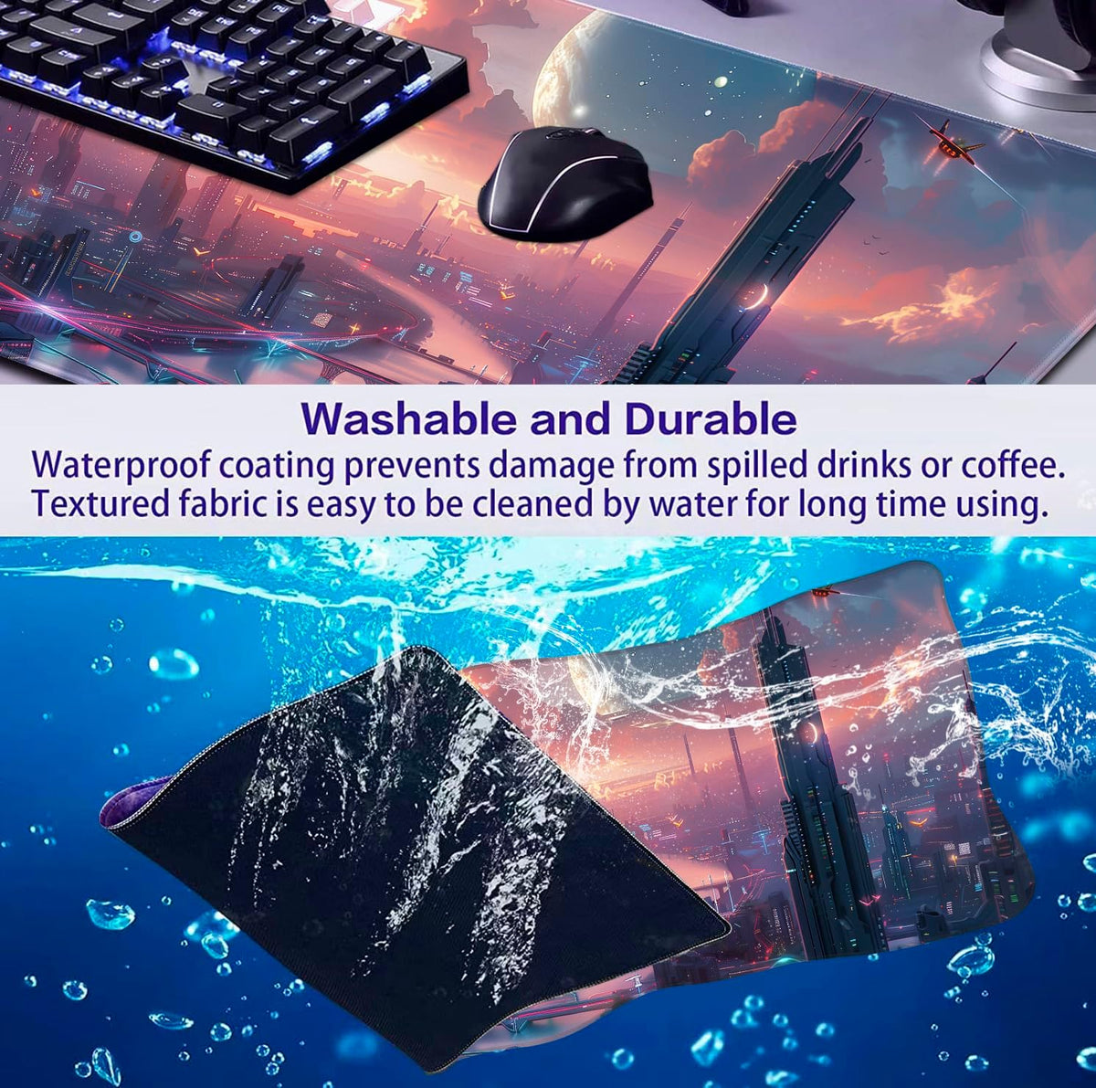 Digital Anime City Night View Office Art Desk Mat, Female Aesthetic Style Oversized Stitched Edge Laptop Keyboard Desk Mat 35.4 x 15.7 x 0.12 Inches