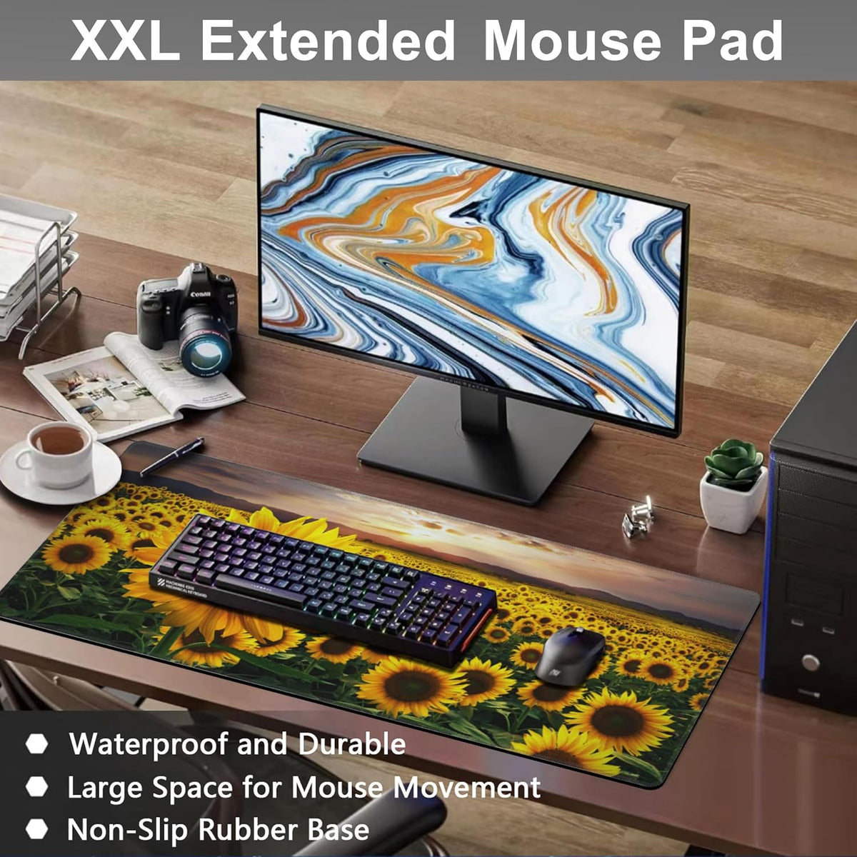 Mouse Pad, Large Blooming Sunflowers Desk Mat, Extended Non-Slip Gaming Keyboard Mousepad Desk Pad, Thick Stitched Edges Waterproof Mouse Mat 31.5"x15.7" (Midsummer Sunflowers at Sunset)