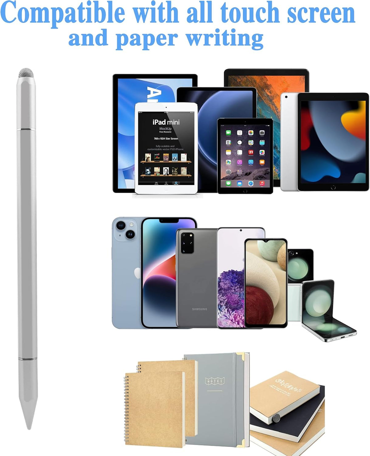 Stylus Pens for iPad, Luntak 3 in 1 Ballpoint Pen, Fiber Tip & Clear Disc Capacitive Stylus iPad Pencil for Apple iPhone/iPad Pro/Mini/Air/Android/Microsoft/Surface All Capacitive TouchScreen - Silver