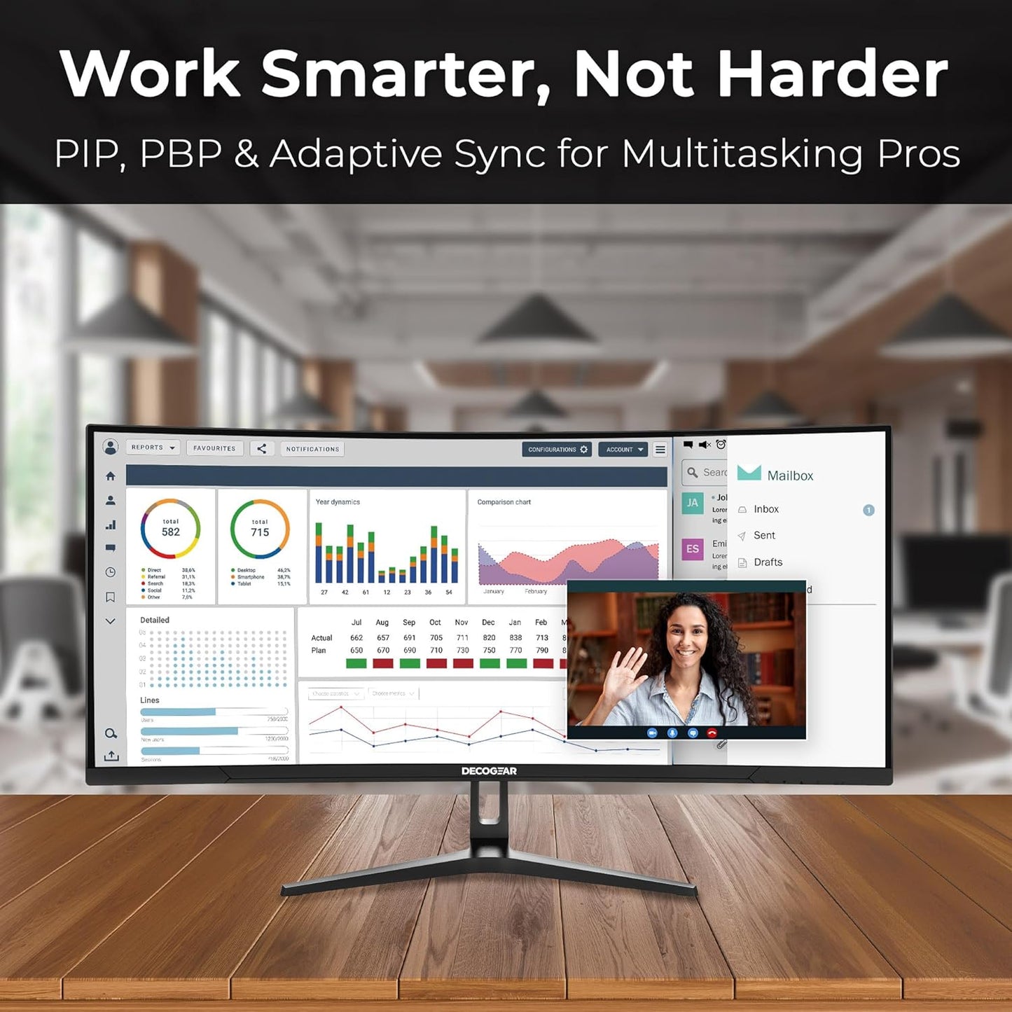 Deco Gear 34” Curved Ultrawide Business Monitor | 3440x1440, 100Hz, 1500R, 99% sRGB | Adjustable Stand, 2 HDMI and 2 DisplayPort | HDR, Low Blue Light, PIP/PBP