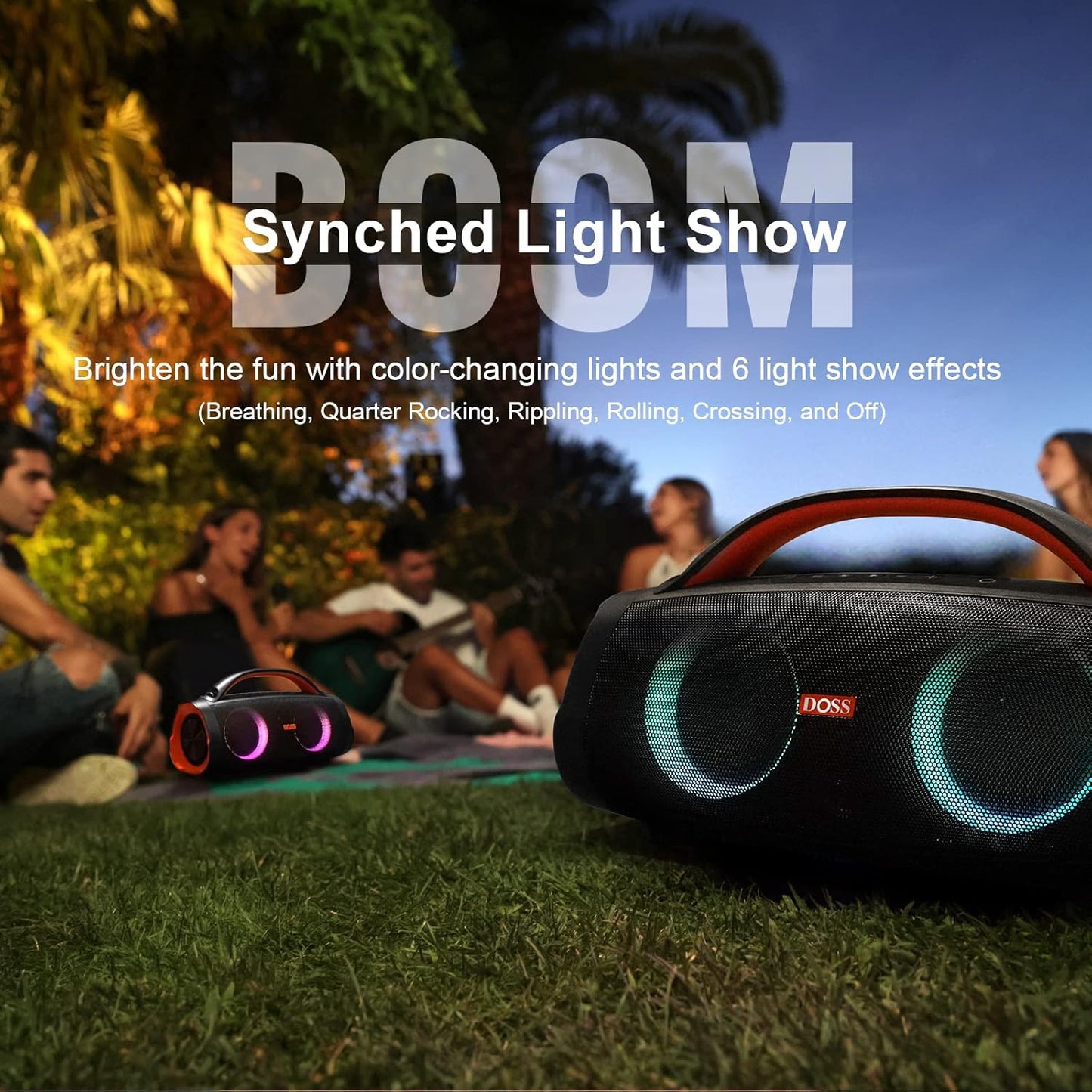 DOSS Extreme Boom Pro Bluetooth Speaker with 100W Stereo Sound, Rich Bass, IPX6 Waterproof, 20H Playtime, Power Bank, Mixed Color Light, Portable for Outdoor, Camping, Beach - Orange