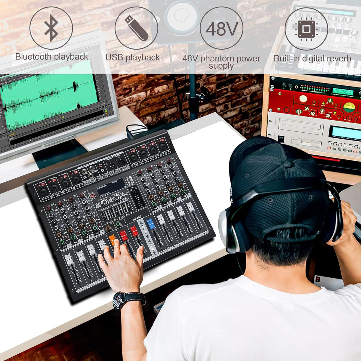 Audio Mixer 8 Channel, DJ Mixer Board with Power Amplifier, Audio Sound Card with 48V Phantom Power, Usb Audio Interface, Sounds Mixer Board with 99 DSP FX Reverb Delay Effect for Streaming