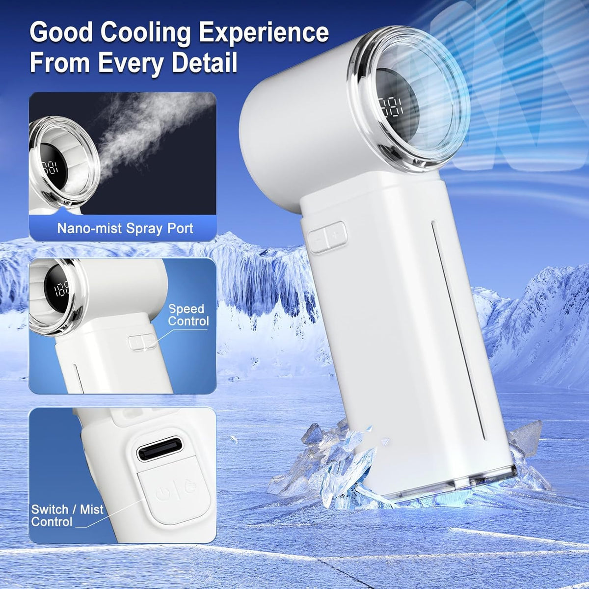Portable Misting Fan - Mini Handheld Fan - 5000mAh Rechargeable Personal Mister Fans with Digital Display, 1-199 Speeds Adjustable, Birthday Gifts for Women Men Travel/Outdoor/Home/Office (White)