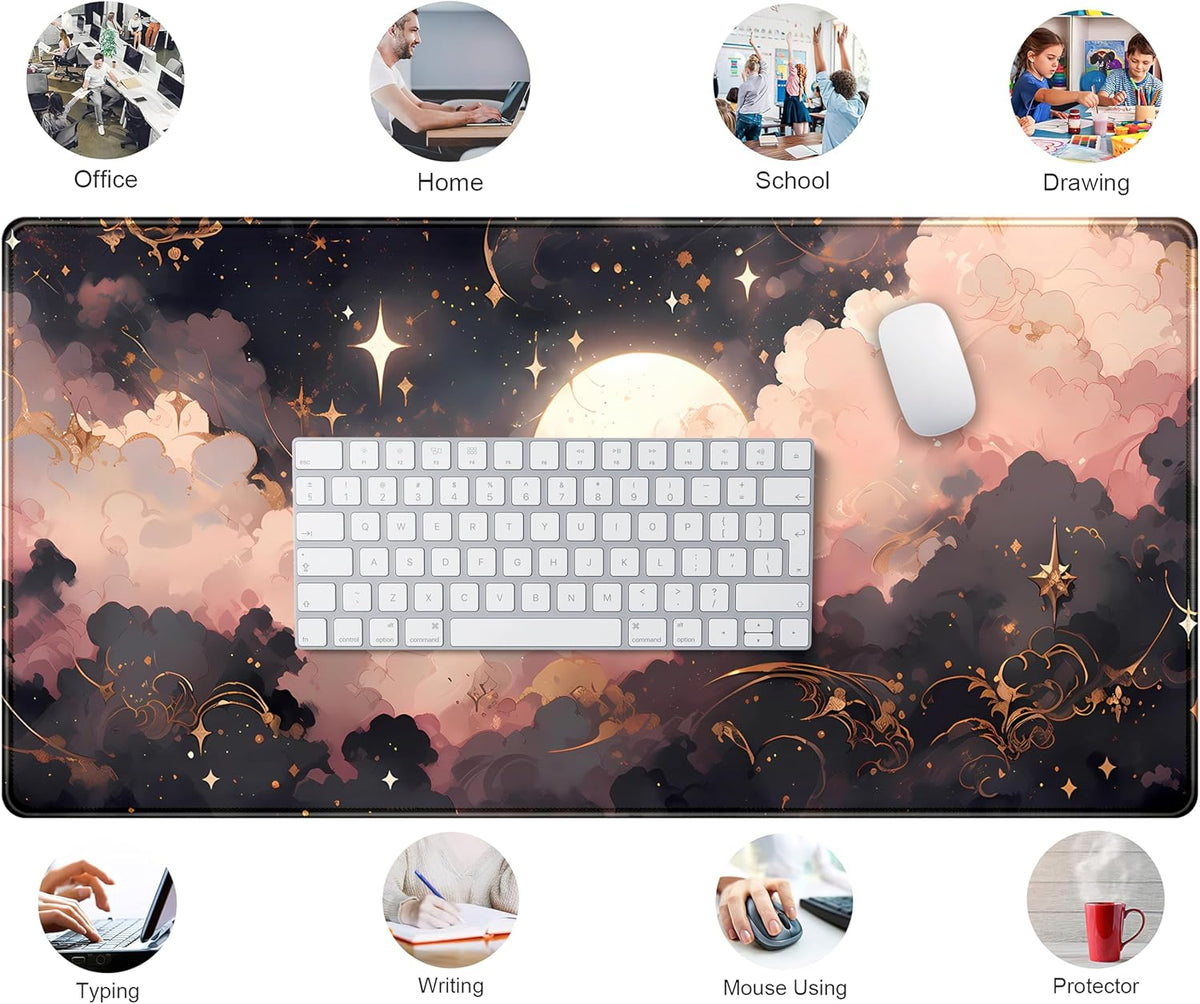 Pink Black Clouds Desk Mat XXL Large Extended Gaming Mouse Pad Celestial Mousepad with Stitched Edges, Office Desktop Decor Desk Pad Computer Mat, Laptop Keyboard and Mouse Mat, 31.5x15.75 in
