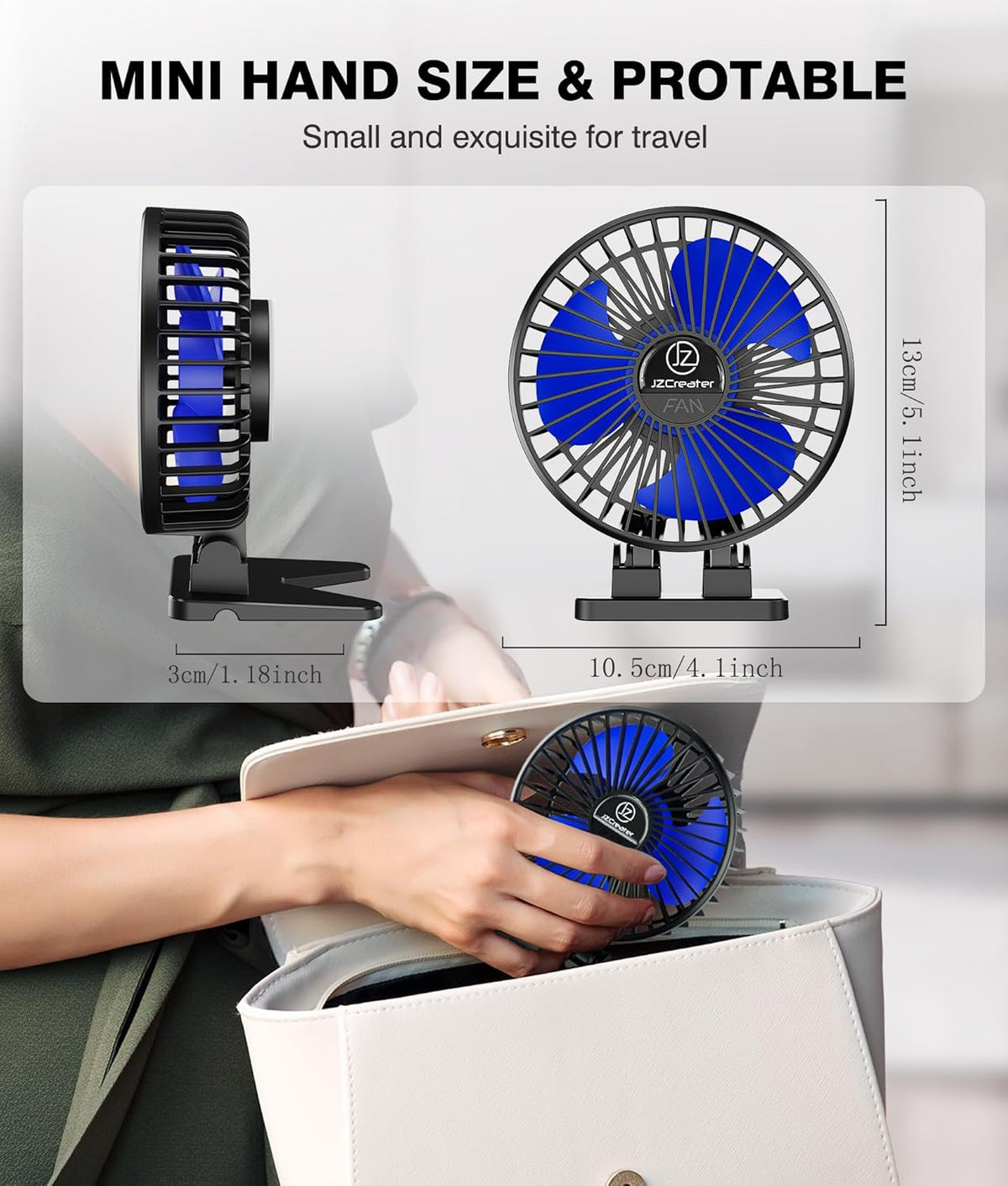 JZCreater USB Desk Fan, Mini Portable Fans, 3 Speeds Desktop Table Cooling Fan, Plug in Power, Rotation Strong Wind, Quiet Personal Small for Home Office Travel Bedroom, Black Blue