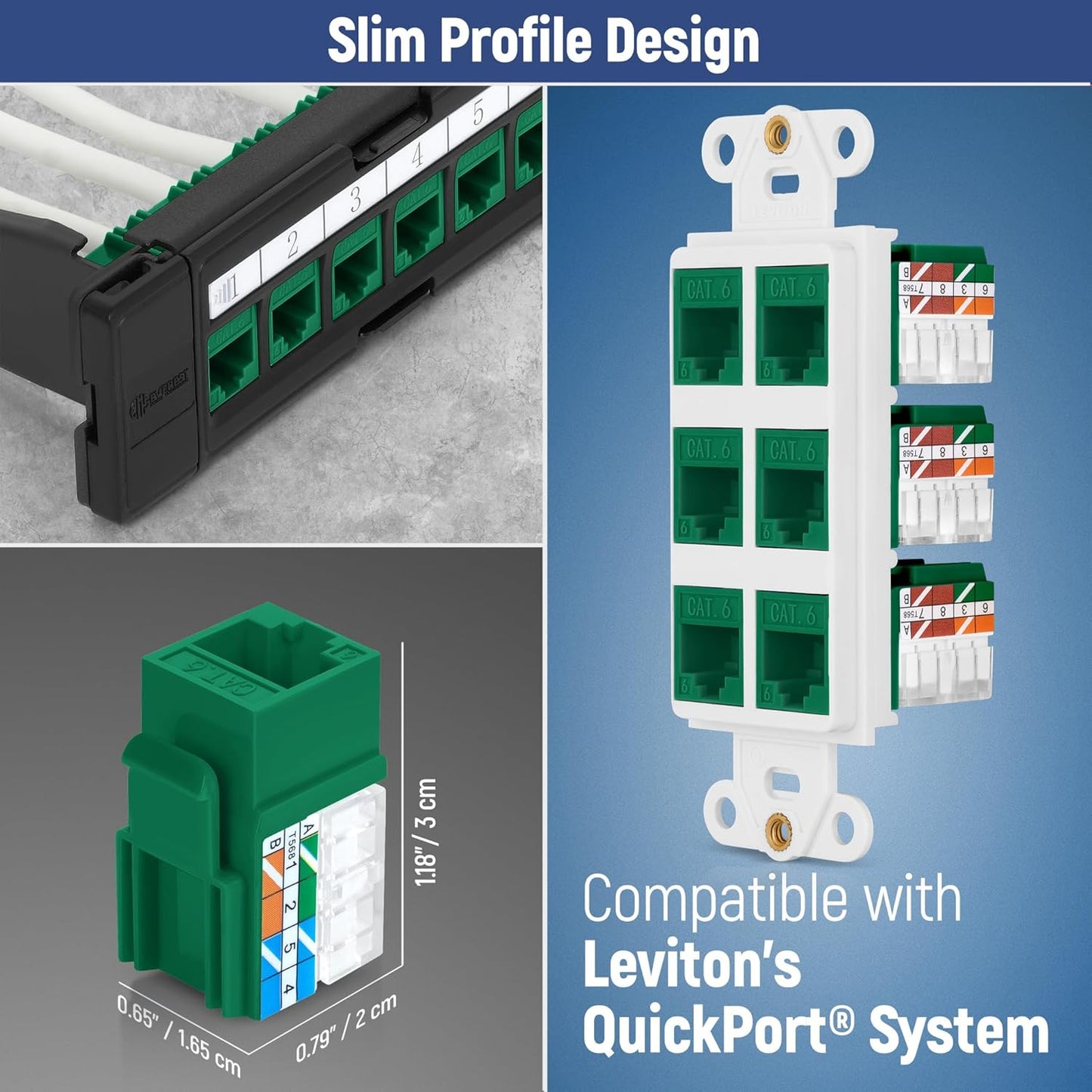 Everest 90° Angled RJ45 Cat6 Keystone Jacks 50-Pack in Green - Slim Profile Female RJ45 Connectors - Cat 6 Keystone Jack - Compatible with 90° Angled Speed Termination Tool - easyJACK (B094WB91H3)