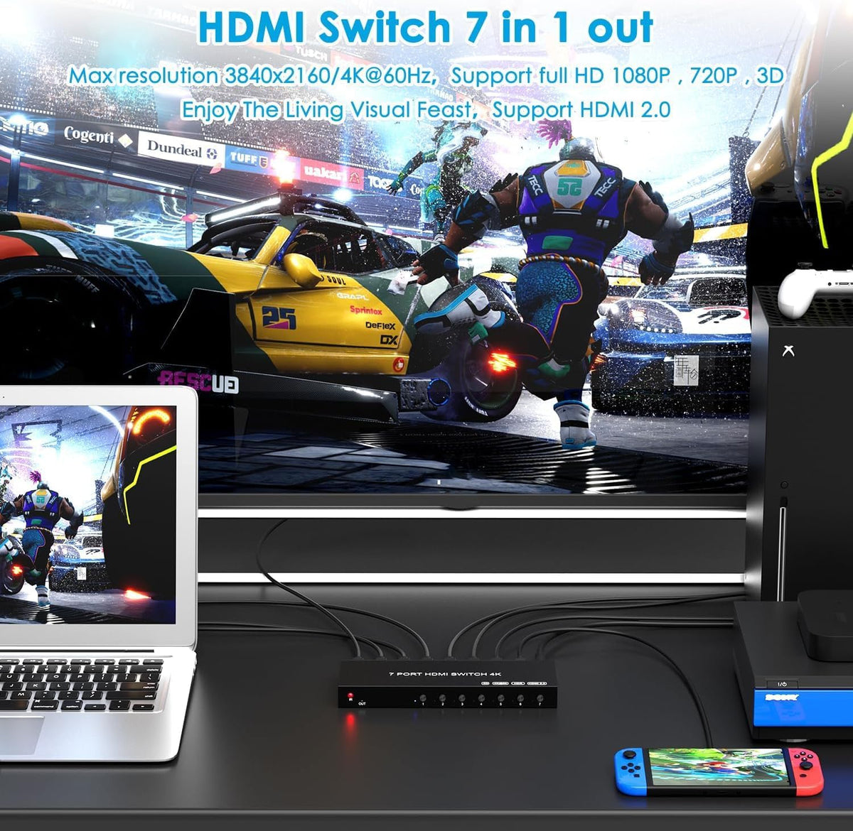7 Way HDMI Switch 4k@60Hz HDMI Switcher 7 in 1 Out HDCP 2.0 Manual HDMI 2.0 Hub Supports 3D Compatible with Nintendo Switch/Switch OLED/Xbox/ PS5/4/3 Blu-Ray Player Fire Stick Roku Apple TV Chromeca