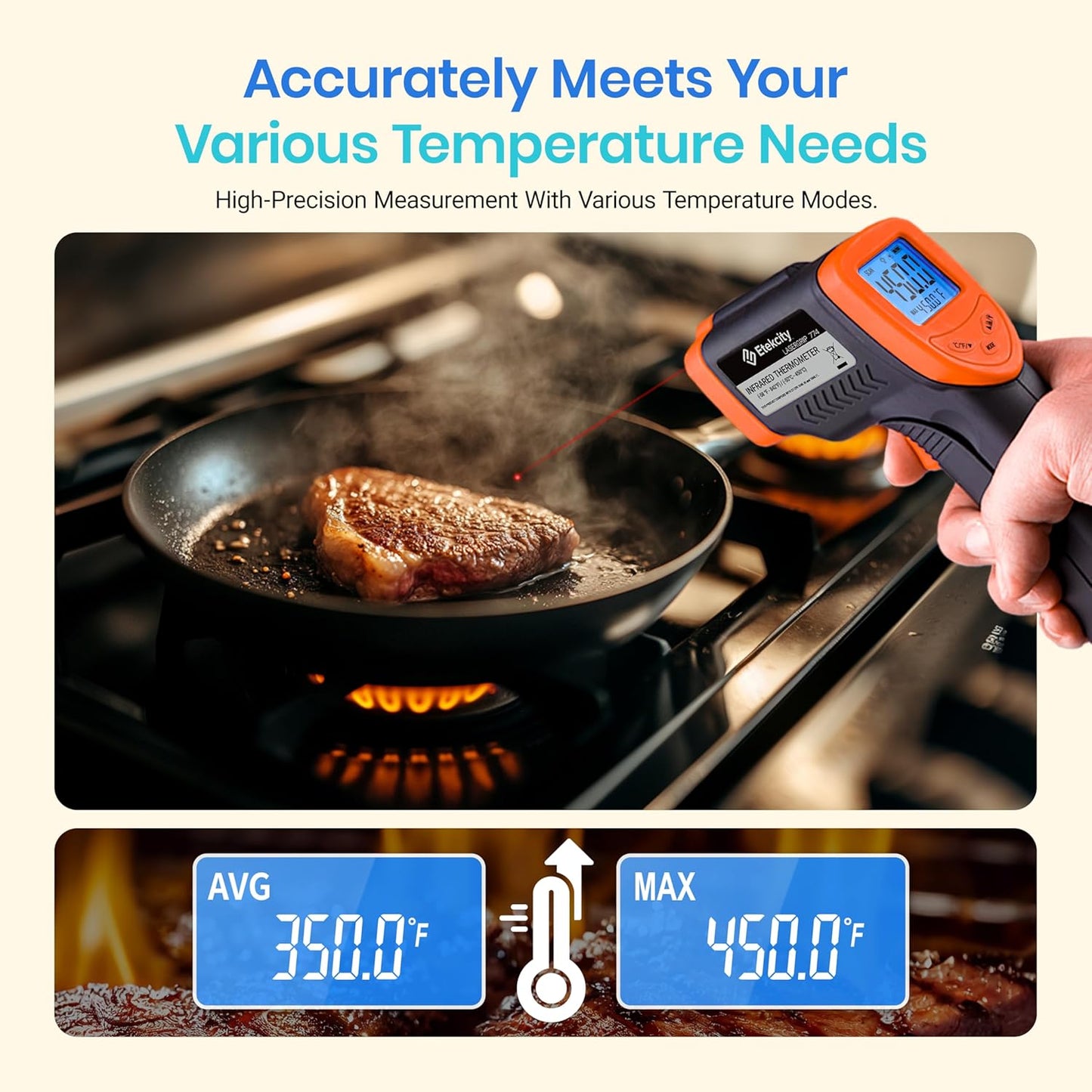 Etekcity Infrared Temperature Thermometer Gun, Laser Food Temp Gun for Pizza Oven, Griddle, Grill, Meat, Candy, Vehicle's Engine, Surface Temp Reader -58ยฐF to 842ยฐF, Orange