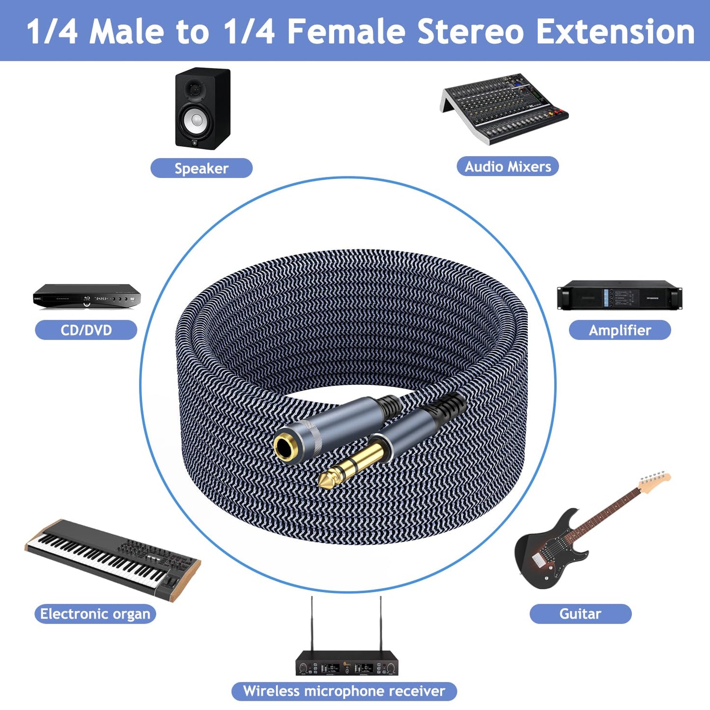 1/4 inch 10ft Stereo Headphone Guitar Cable, Male to Female, Quarter inch Headphone Extension
