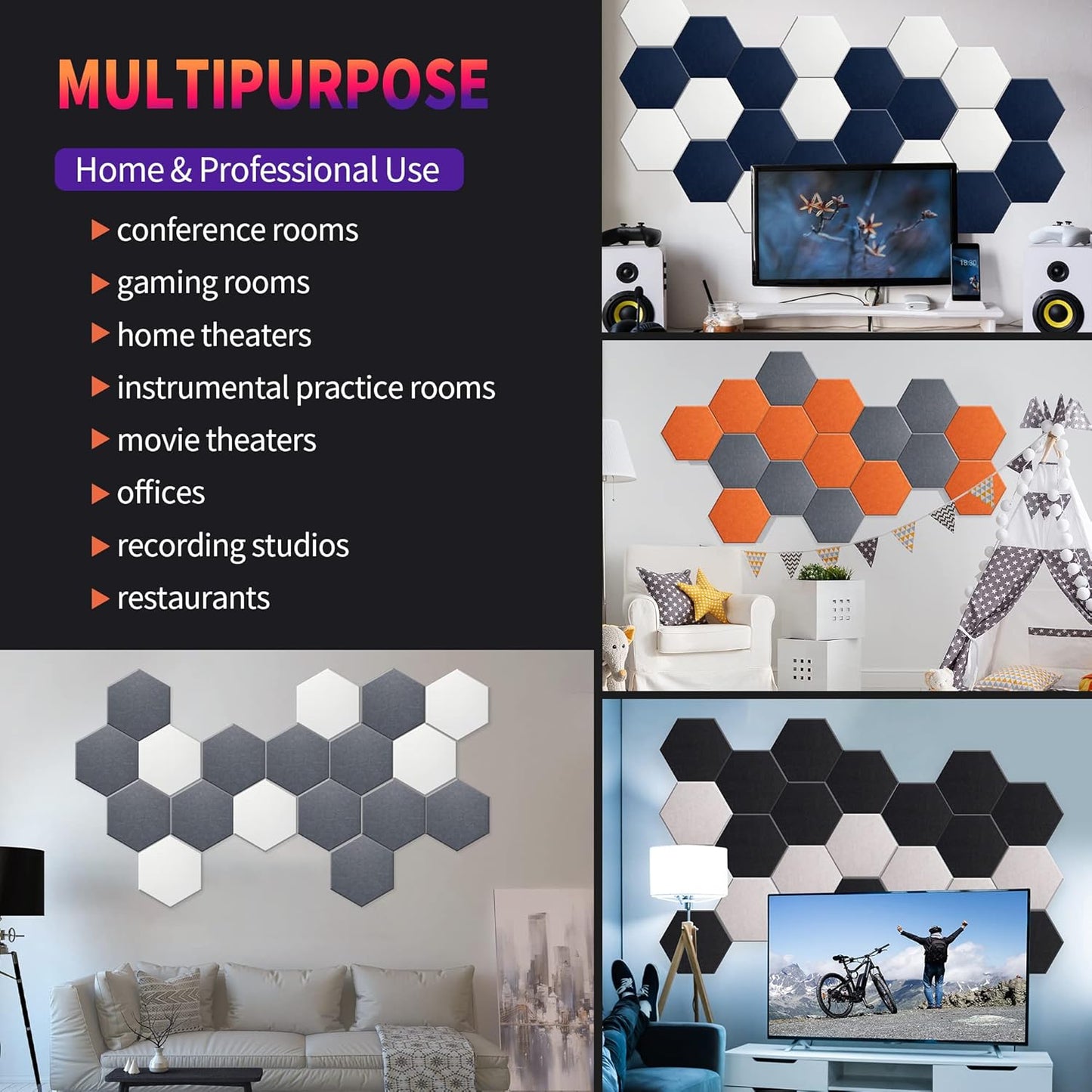 Mollywell Hexagon Acoustic Panels, High Density, Soundproofing, Decorative Noise Reduction Felt Wall Tiles for Ceilings, Home Office & Gaming Room (Dark Camel), 14x12x0.4 Inch