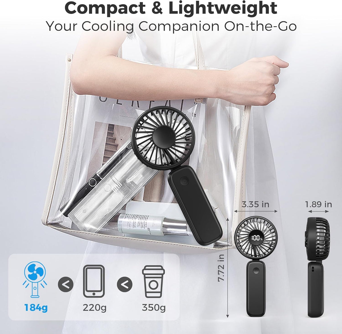 Portable Handheld Fan, 5000mAh Rechargeable Battery, Max 15H Cooling, 4 Speeds, LED Display, Foldable Design, 3-IN-1 Personal Pocket Fan with lanyard for Travel Outdoors Makeup Concert Commute