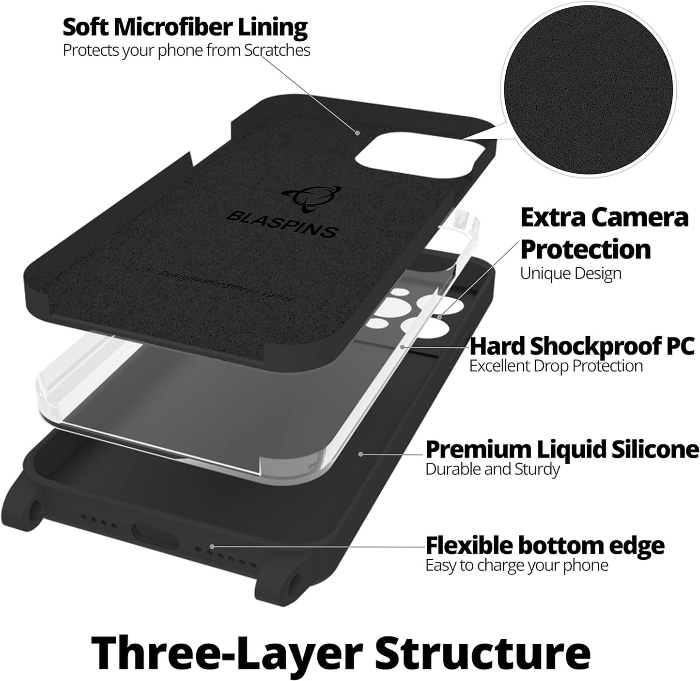 Blaspins Crossbody Lanyard Strap Case for iPhone 13, Neck Cross Body, Adjustable Holder Removable, Drop Protection Shockproof, Hands-Free Silicone Case Cover 6.1 inch, 150 cm Strap, iP13 - Black