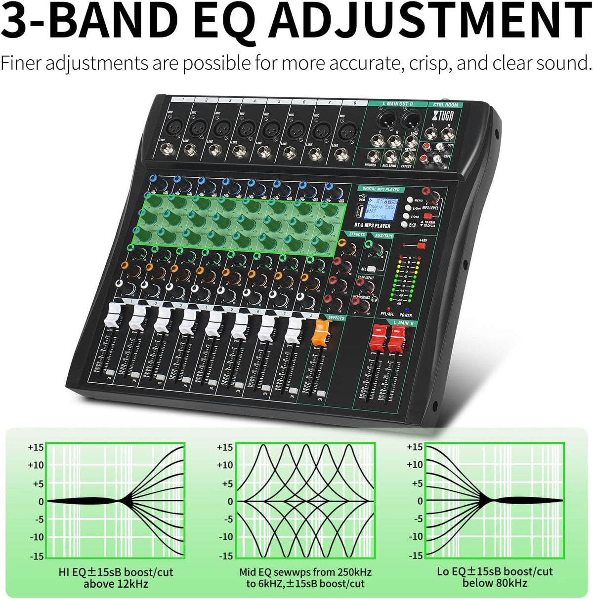 XTUGA 8 Channel Audio Mixer Sound Board Mixing Console, Audio Interface PC USB Bluetooth with 48V Phantom Digital Effect for DJ Live Recording Studio Karaoke(CT80)