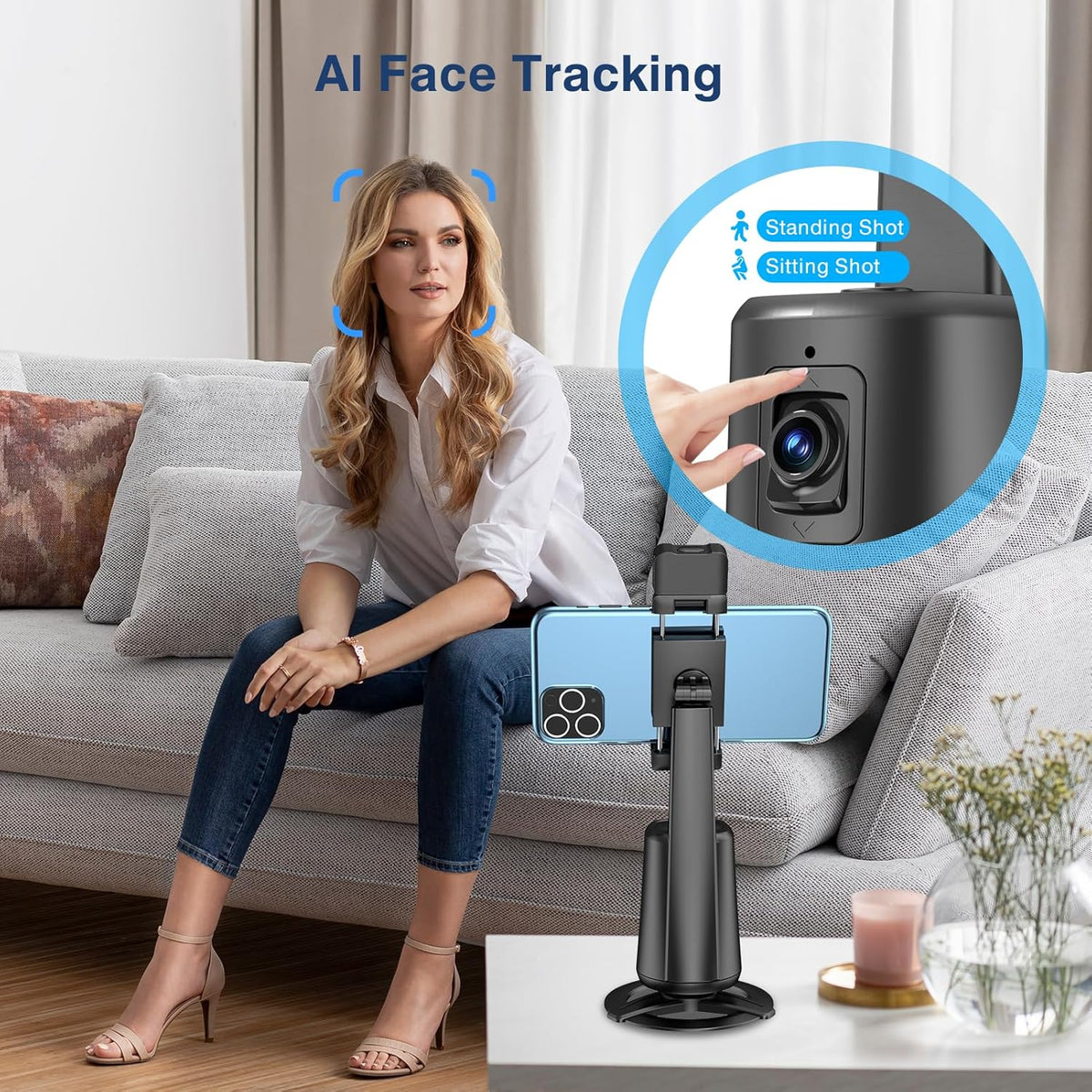 Auto Face Tracking Tripod 360° Rotating Cell Phone Photo and Video Kits Stand, No App, Camera Stand with Remote and Gesture Control, Rechargeable Smart Shooting Stand for Live Recording Tiktok(Black)