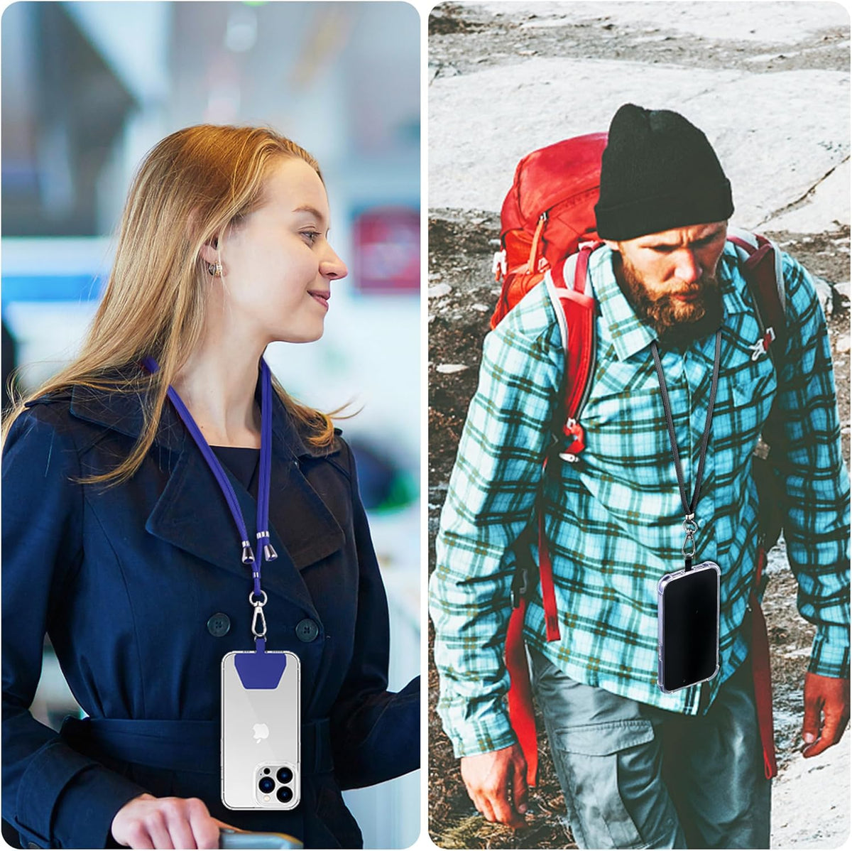 CACOE Phone Lanyard 2 Pcs-2 Pcs Adjustable Neck Strap, 4 Pcs Phone Patches, Universal Crossbody Multifuctional Cell Phone Lanyards Compatible with Most Smartphones(Black+Dark Blue)
