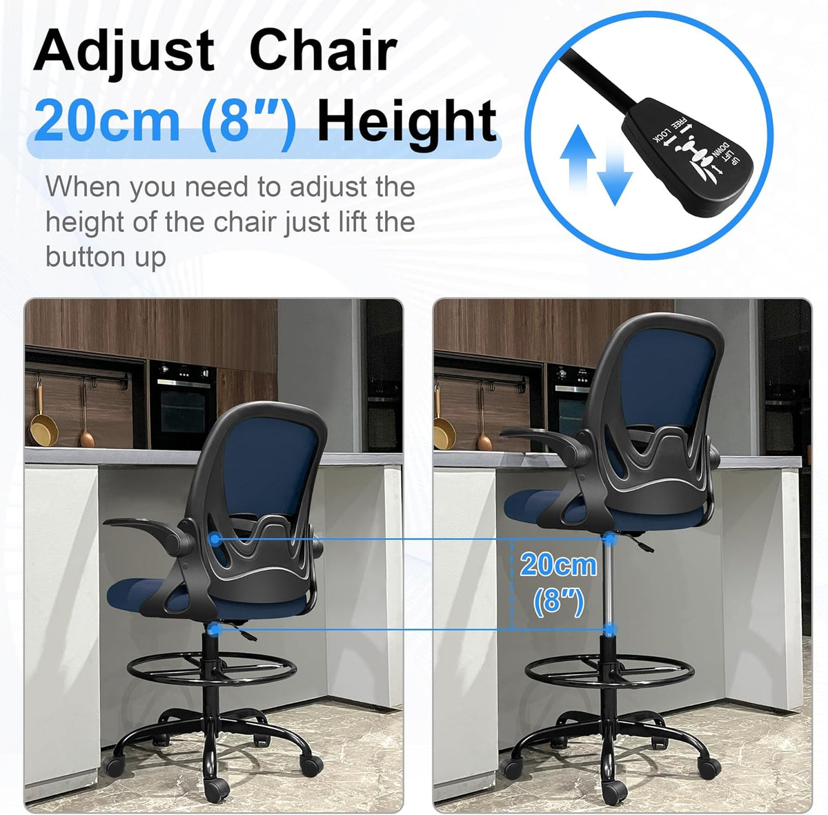 Drafting Chair, Tall Office Chair Ergonomic Standing Desk Chair,with Adjustable Footrest Ring, 3D Lumbar Support, Flip-up Armrests, Swivel Desk Stool for Drawing Working Navy