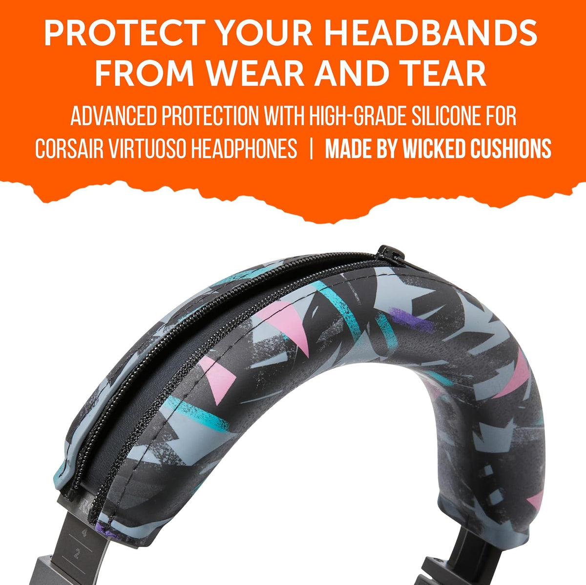 WC BandZ Virtuoso V2 - Silicone Headband Cover for Corsair Virtuoso Headphones by Wicked Cushions | Machine Washable, No More Flaking Leather | for Virtuoso Wireless, XT, and SE | 90's Black