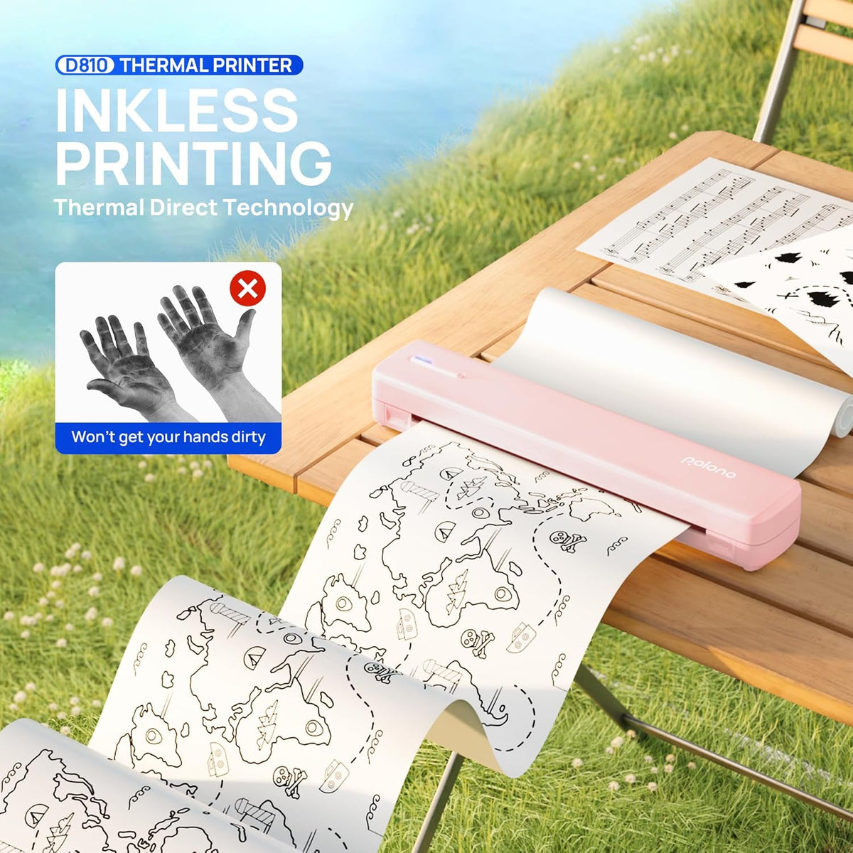 POLONO Portable Printer Wireless for Travel, D810 Bluetooth Thermal Printer Support for 8.5"x11" US Letter, Inkless Compatible with iOS, Android, Laptop for Office, Car and Home with Carry Case, Pink