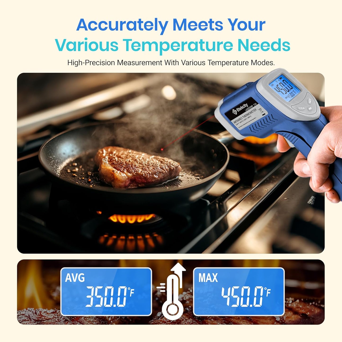 Etekcity Infrared Thermometer Upgrade 774, Heat Temperature Temp Gun for Cooking, Laser IR Surface Tool for Pizza, Griddle, Grill, HVAC, Engine, Accessories, -58ยฐF to 842ยฐF, Blue