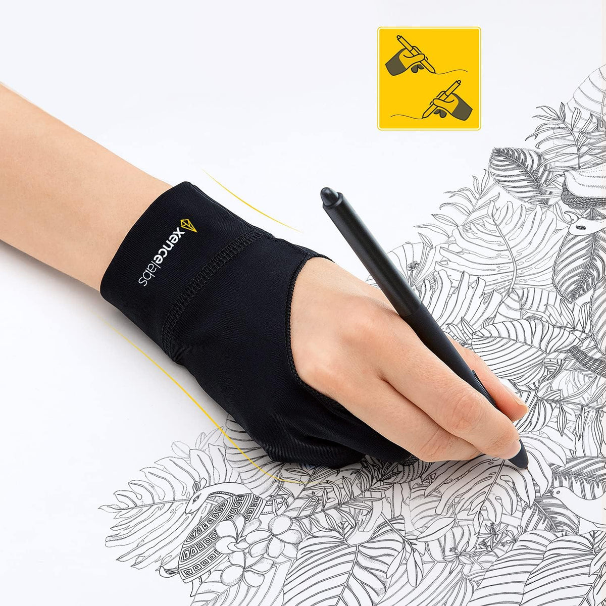 XENCELABS Drawing Glove, Breathable Artist Glove for Drawing Tablet, Two Fingers for Left Right Hand Black Size L