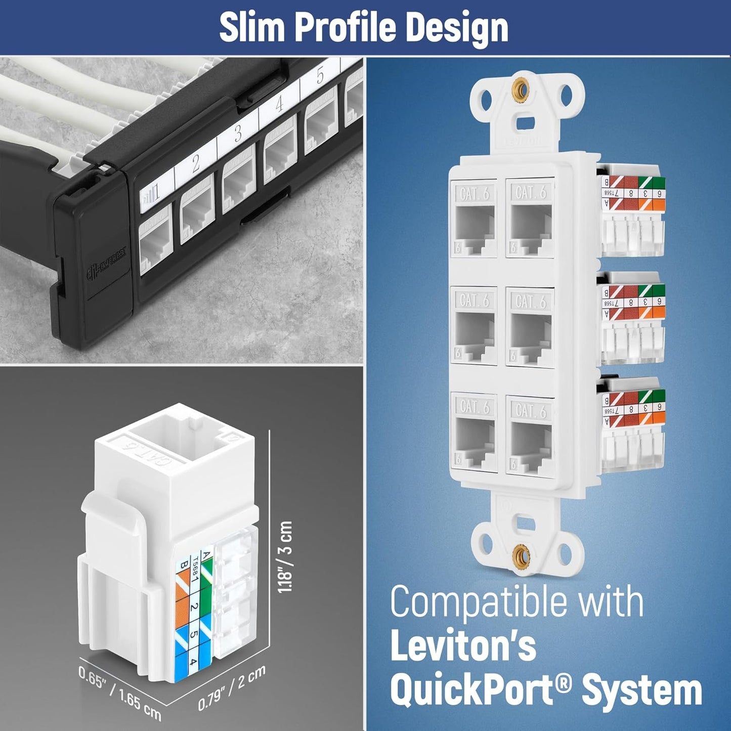 Everest 90° Angled RJ45 Cat6A Keystone Jacks 50-Pack in White - Slim Profile Female RJ45 Connectors - Cat 6A Keystone Jack - Compatible with 90° Angled Speed Termination Tool - easyJACK (B094WB91H3)