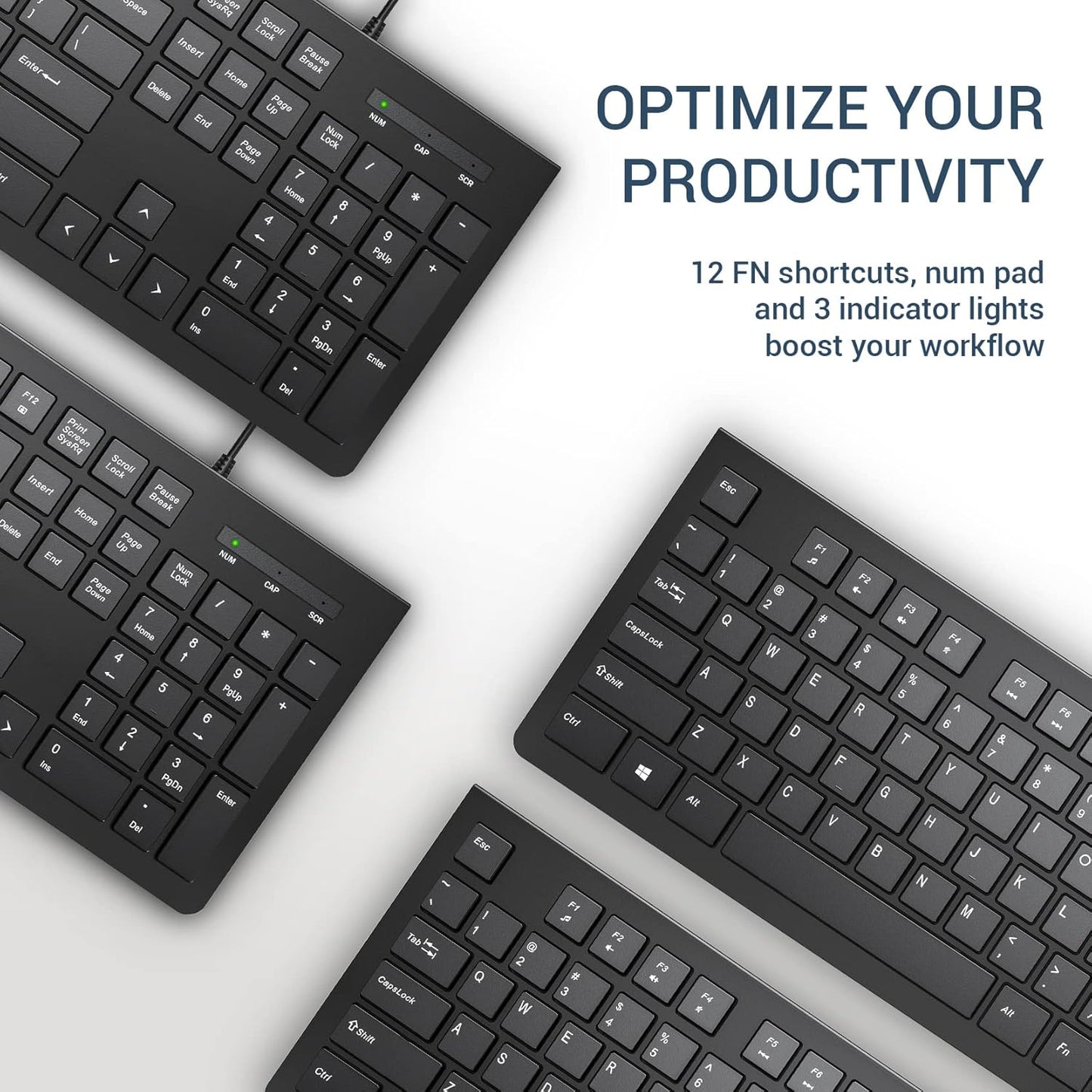 Computer Keyboard Wired, Plug Play USB Keyboard, Low Profile Chiclet Keys, Large Number Pad, Caps Indicators, Foldable Stands, Spill-Resistant, Anti-Wear Letters for PC Laptop (Black, 1-Pack)
