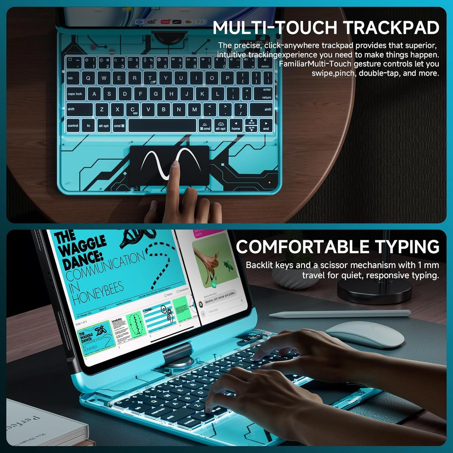Transparent Case with Keyboard for iPad 11th Gen 11-in.(A16, 2025) & 2022 iPad 10th Gen 10.9-in,7-Color Backlit,Wireless Keyboard, 360°Rotating,with trackpad,Pencil Holder,with Shortcuts,Blue