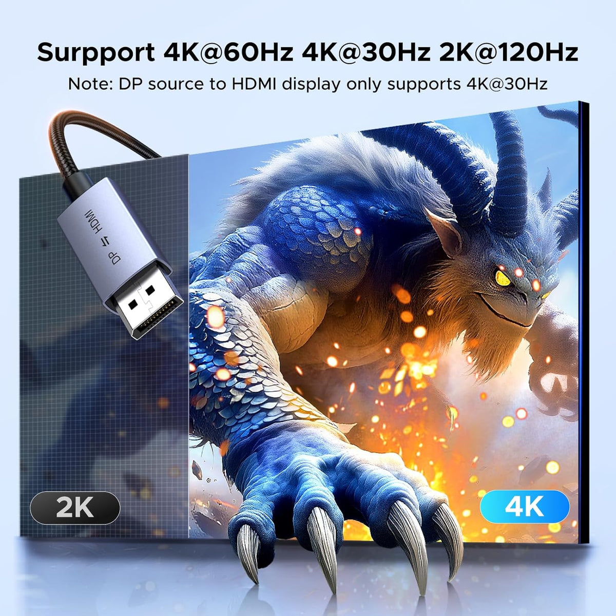 UGREEN 4K@60Hz Bidirectional HDMI to Displayport Cable Male to Male Adapter DP 1.2, HDCP 2.2, HDMI 1.4 4K@30Hz with USB Powered Compatible with Laptops, PC, Switch 2/PS5/Xbox/AMD/NVIDIA/Monitor, 6.6FT