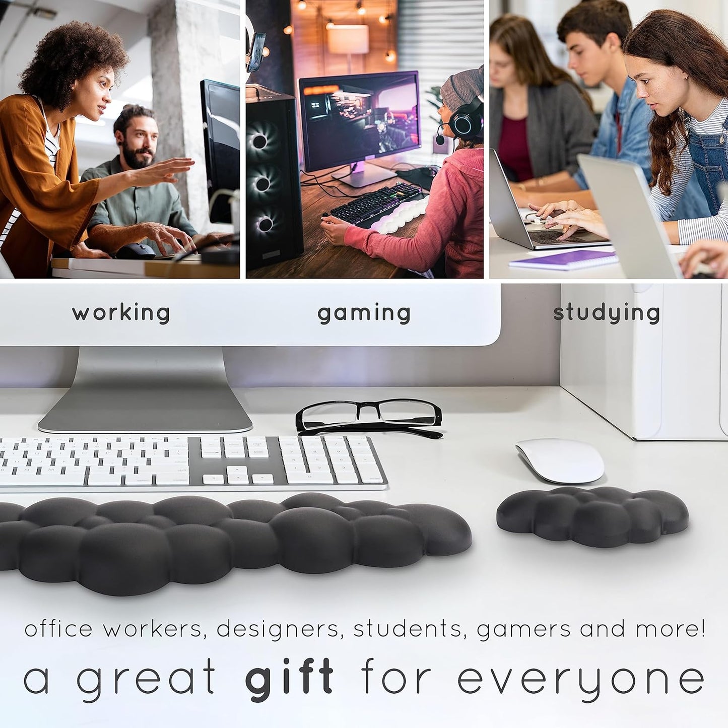 Qloud Cloud Wrist Rest Keyboard Wrist Rest for Computer Keyboard Pad, Cloud Keyboard Wrist Rest, Wrist Pad for Keyboard, Memory Foam, Non Slip Base, Comes with Mouse Pad - Matte Black
