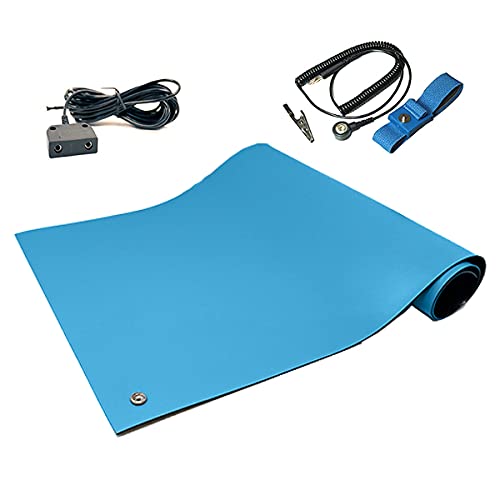 RubberStat Dual Layer ESD Compliant Workstation Rubber Table Mat Kit, Soldering, Cell Phone Repair, with Wrist Strap Set and Ground Cord - 30"x60" Blue