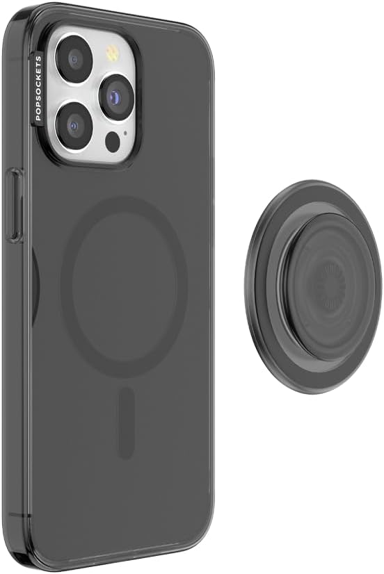 PopSockets iPhone 15 Pro Max Case with Round Phone Grip Compatible with MagSafe, Phone Case for iPhone 15 Pro Max, Wireless Charging Compatible - Black Translucent