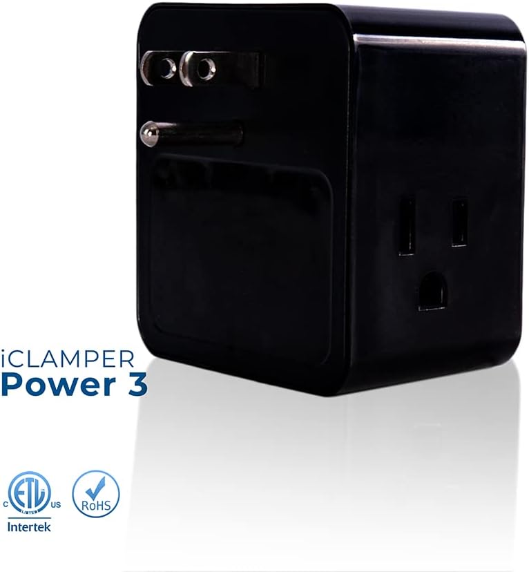 Clamper 3-Outlet Surge Protector 1800 Joules, 1875W, for TV, PC, Xbox, PS5, Refrigerators and Other Appliances (Compact Wall Surge Protector), iCLAMPER Power 3, 2-Pack Black