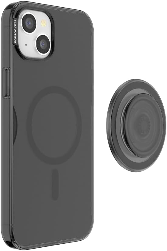PopSockets iPhone 15 Plus Case with Round Phone Grip Compatible with MagSafe, Phone Case for iPhone 15 Plus, Wireless Charging Compatible - Black Translucent