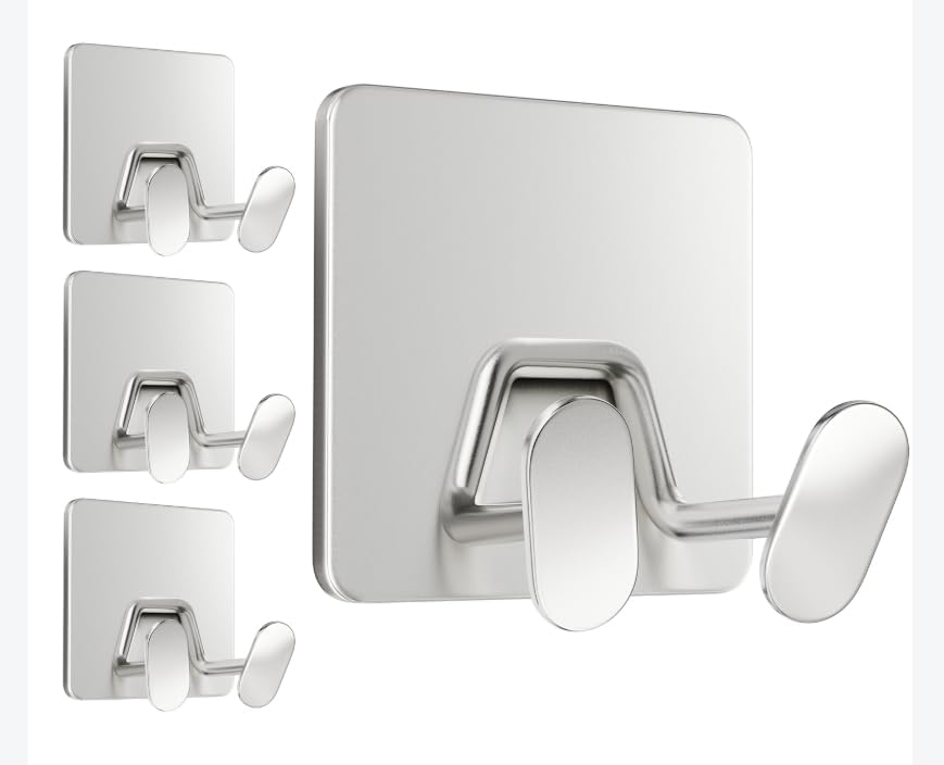 Adhesive Shower Hooks for Inside - Extra Sticky Stainless, Razor Holder Shower Accessories, Wall Mounted Self-Adhesive Double Hooks for Razor, Loofah, Towel, Shaver, Coat, Key, Silver, 4-Pack