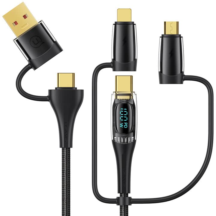 USB C to Multi Charging Cable, USAMS 100W 4FT 5A Type C to Type C Fast Charger Charging Cord with LED Display 5-in-1 C/A to C/Micro/IP Sync Charger Adapter Compatible for Laptop/Tablet/Phone