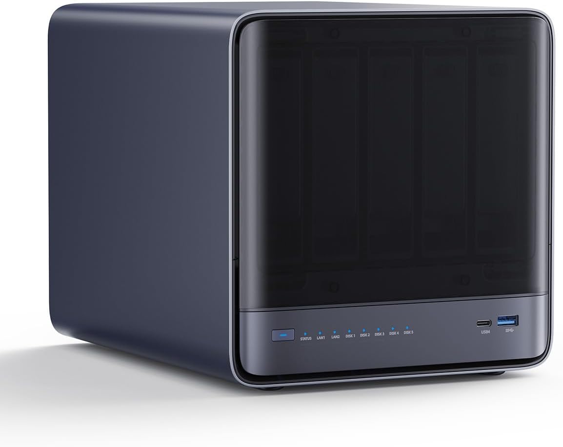 MINISFORUM N5 Pro 5-Bay Desktop AI NAS, AMD Ryzen AI 9 HX PRO 370 12-Core/24T CPU, 128GB SSD, 1x10GbE, 1x5GbE, 1xM.2+2xU.2/M.2 Slots, 2xUSB4(8K), 8K HDMI, OCuLink, Network Attached Storage (Diskless)