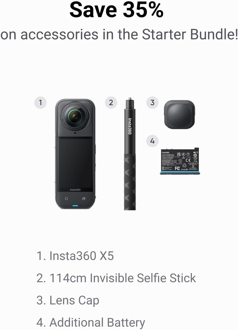 Insta360 X5 Starter Bundle - Waterproof 8K 360° Action Camera, Leading Low Light, Invisible Selfie Stick Effect, Rugged & Replaceable Lens, 3-Hour Battery, Clear Audio, Stabilization