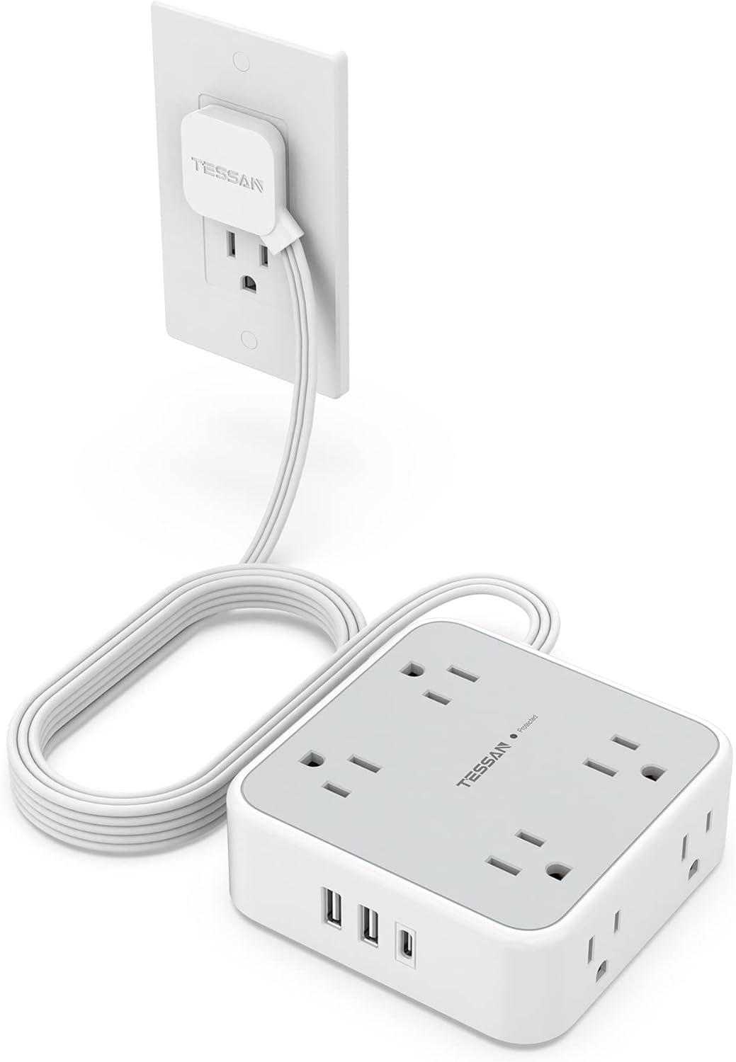 TESSAN Power Strip Surge Protector 10 Ft Cord, 8 AC Outlets, 3 USB Charger(1 USB C Port), Ultra Thin Extension Cord, Flat Plug, 900 Joules Protection, Desk Charging Station for Home, Office