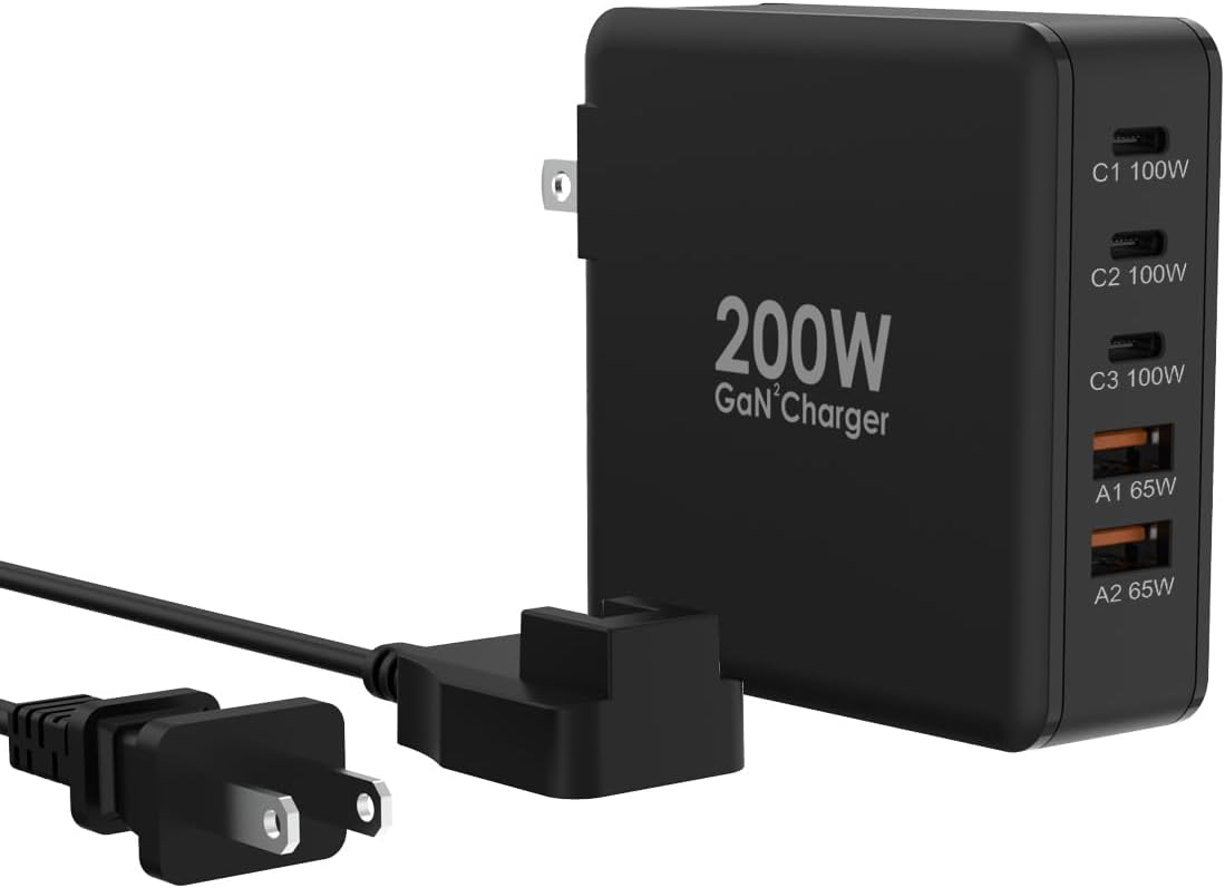 200W USB C Charger, 5 Ports GaN Fast Charger, PD100W USB C Desktop Charging Station for iPhone 16 15, MacBook Pro/Air, Galaxy S24 S23 and More
