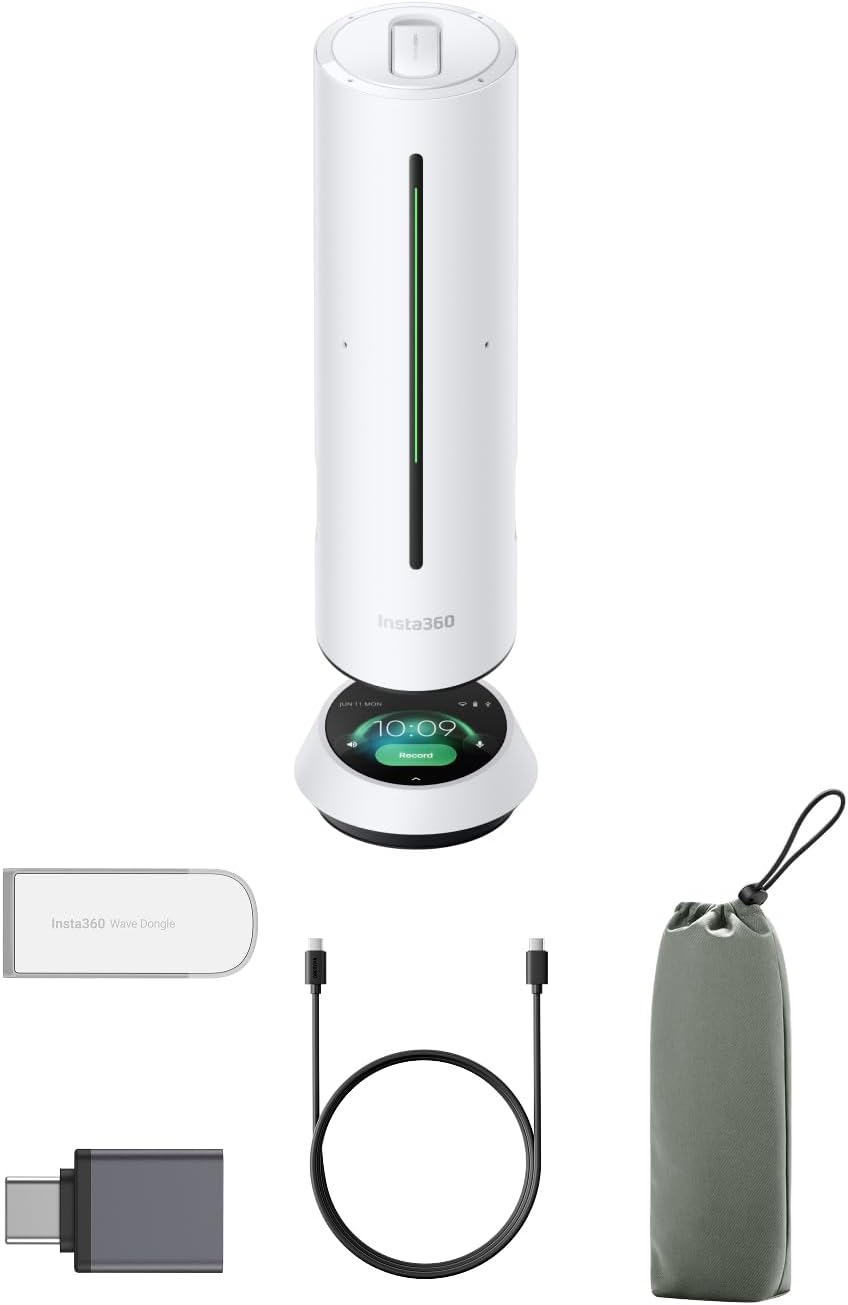 Insta360 Wave - AI Speakerphone, Bluetooth, Voice Recorder, 8 Noise-Canceling Mics w/Beamforming, AI Transcript & Summary, Support 99 Languages, 32GB Storage, Meetings, Podcasts, Livestreams