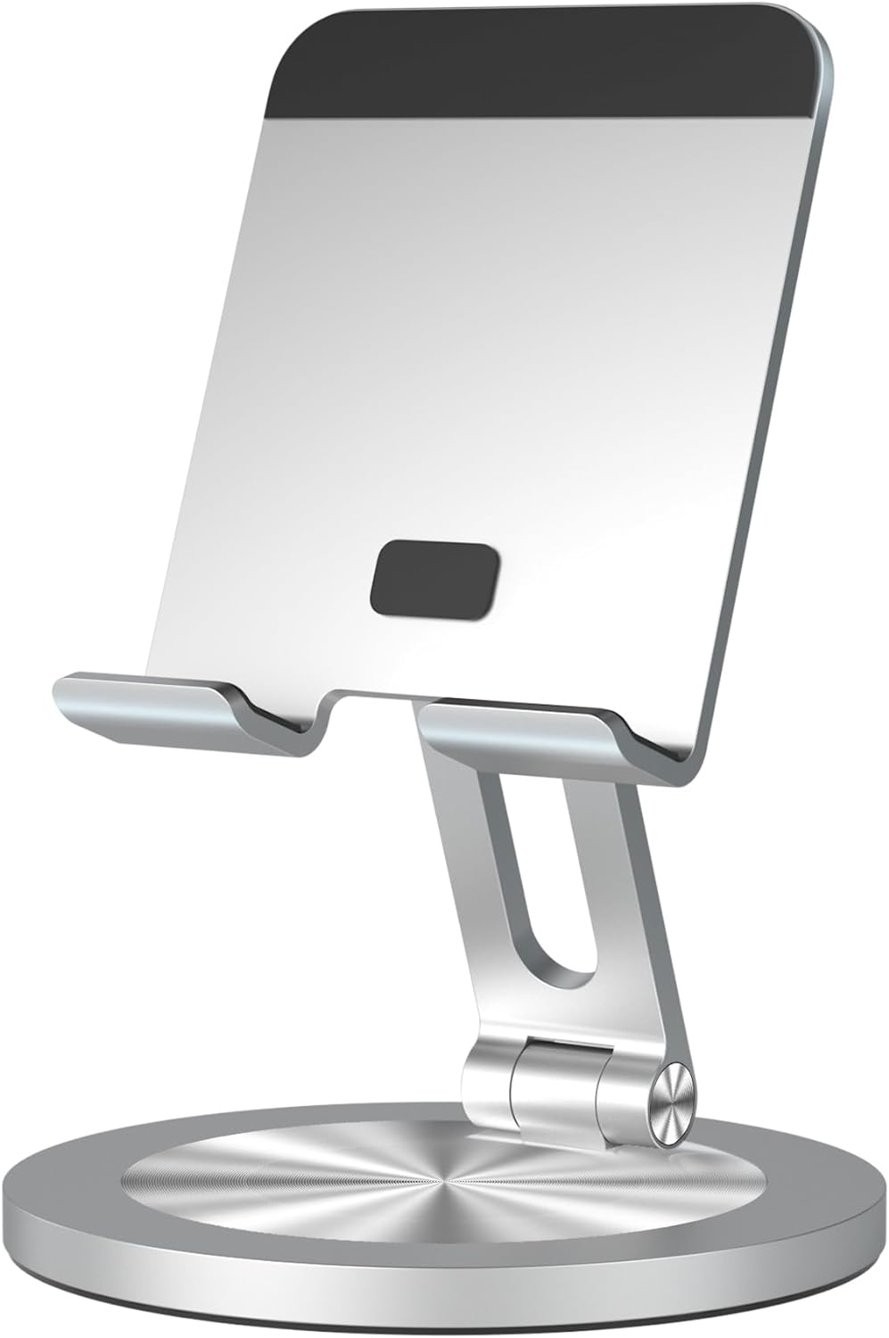 360 Rotating Phone Stand for Desk, Dual-Adjustable Foldable Aluminum Desktop Phone Holder Compatible with iPhone 16 15 14 13 12 11 Series, iPad-Mini, 4-8" All Phones (Silver)