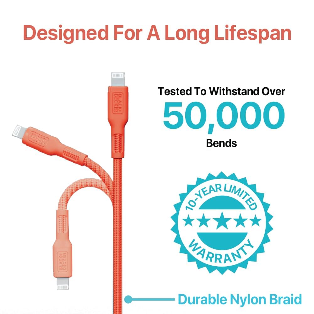 BLACK+DECKER Lightning to USB Cable - Fast Compatible iPhone Lightning Cable - Durable Braided iPhone Charger Cord - for Travel and Daily Use - Multiple Color + Length Options - 9ft