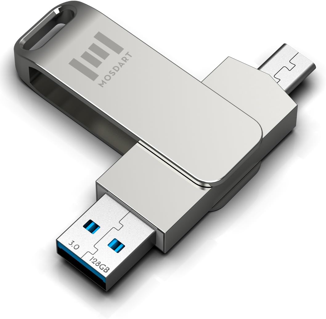 MOSDART 128GB USB3.1 Fast Speed C and A Dual Flash Drive, exFAT Memory Stick with Keychain Loop, for iPhone 15 and 16, Android Phone, iPad, MacBook, Silver