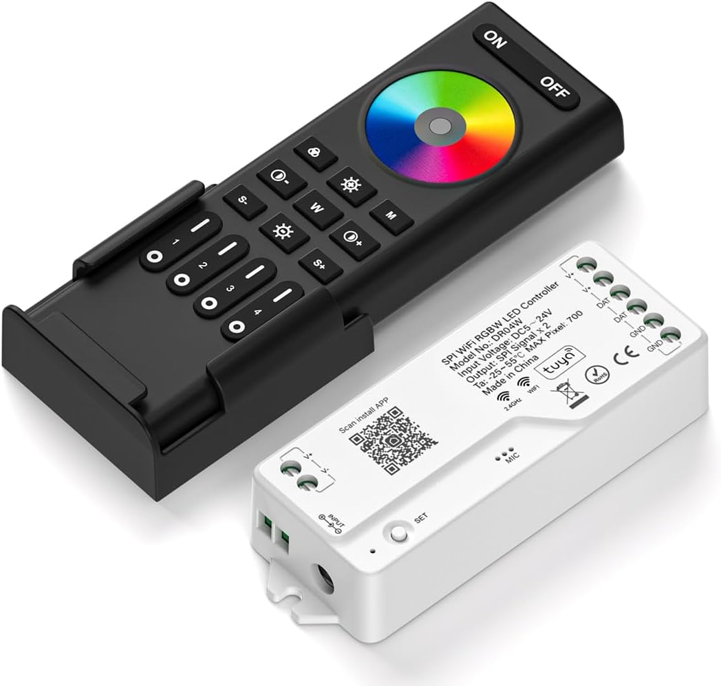 2.4G WiFi SPI RGBW Controller DR04W & RC03RF RF Remote Set, Control by Smart Life/Tuya APP/Alexa/Google Home, Support SK6812RGBW/SMD WS2814 IC etc Addressable RGBW LED Strip STA Mode