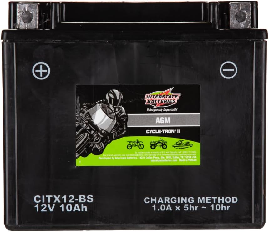 Interstate Batteries YTX12-BS 12V 10Ah Powersports Battery 175CCA AGM Rechargeable Replacement for Honda, Kawasaki, Suzuki Motorcycles, Scooters, Bikes, ATVs, UTVs (CITX12-BS)
