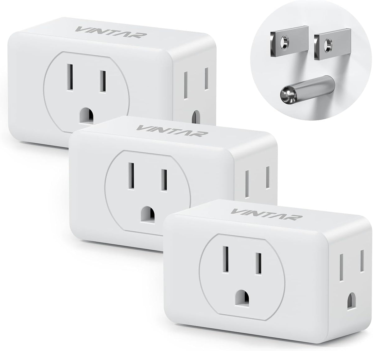 Multi Plug Outlet Extender, VINTAR 3 Outlet Adapter, Multiple Outlet Splitter, Grounded Wall Tap Adapter, Power Plug Expander for Travel Home Office Dorm, 3 Pack