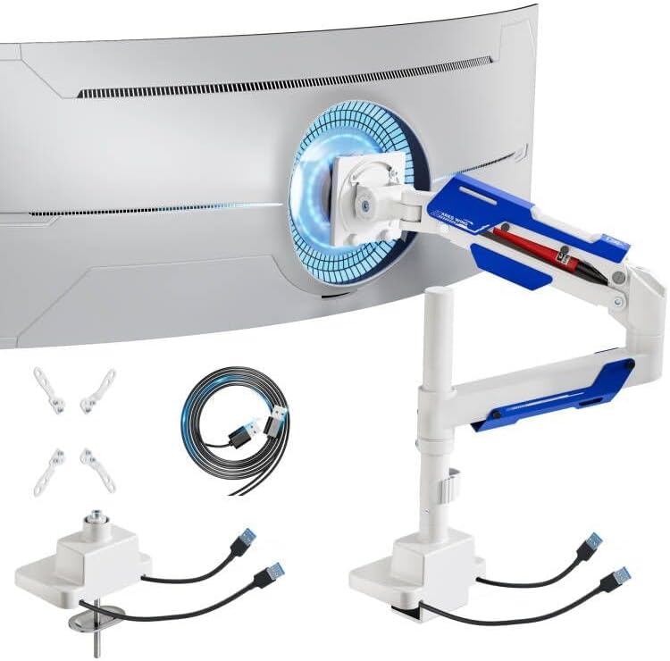 ARES WING Single Monitor Mount with USB, Ultrawide Monitor Arm for 24 to 57 Inch Heavy Duty Curved Screen, Adjustable Gas Spring Monitors Arm Stand up to 66LBS with 75/100/200 Vesa Mount, White